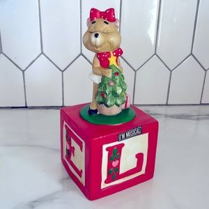 Vintage Flambro Porcelain Bear w/Christmas Tree on Noel Block Music Box